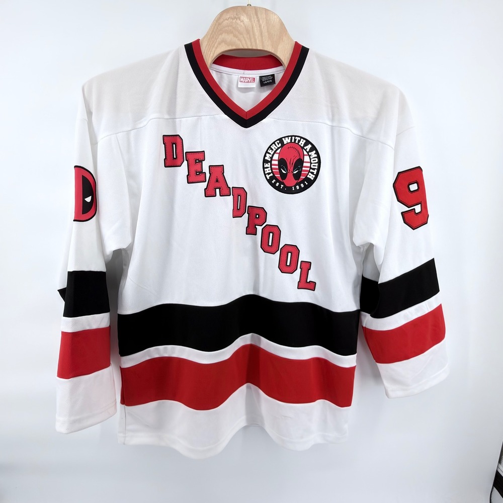 Marvel Deadpool Hockey Jersey Mens Large White Red Merc With A Mouth 91 Comic L